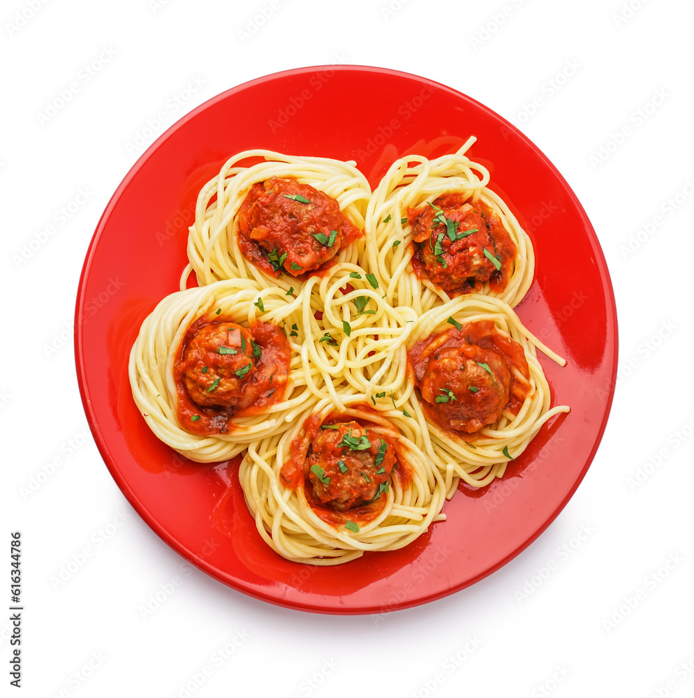 Plate of boiled pasta with tomato sauce and meat balls on white background