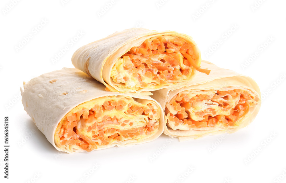 Tasty lavash rolls with carrot isolated on white background