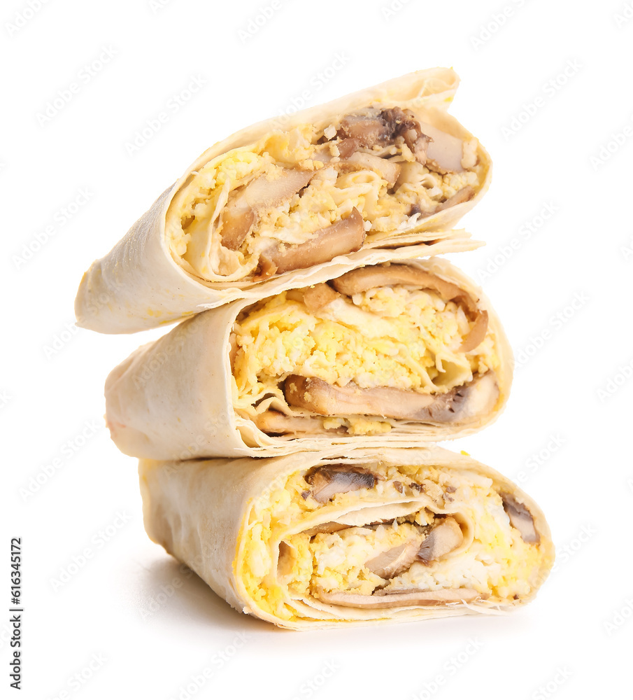 Tasty lavash rolls with egg and mushrooms isolated on white background