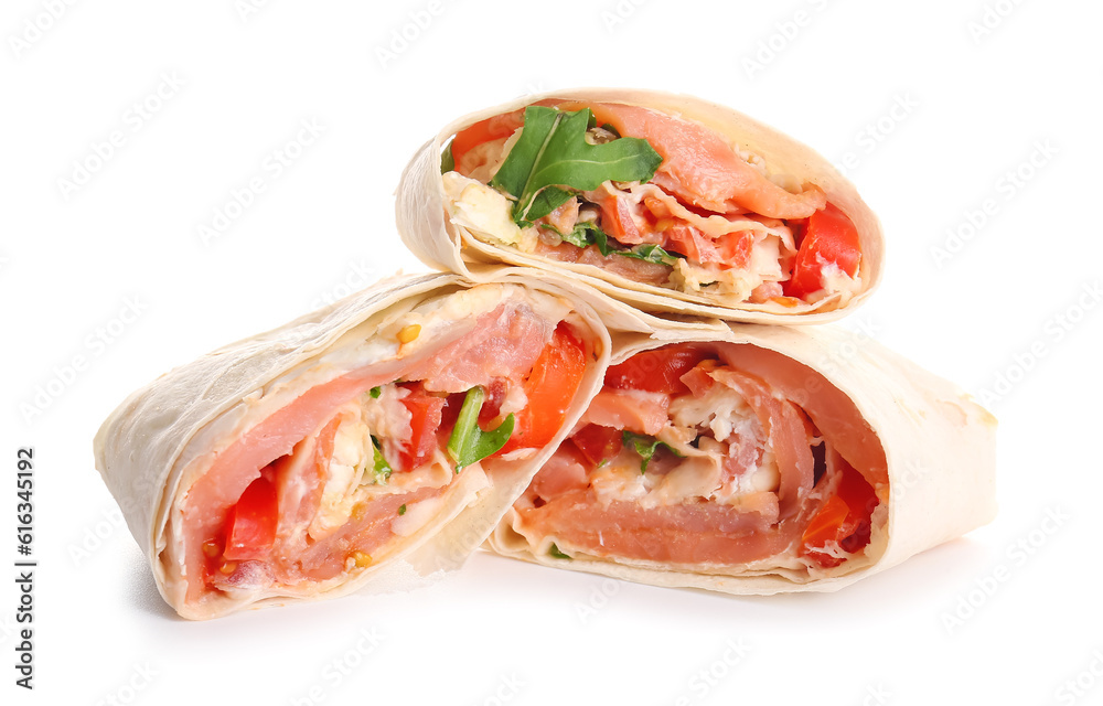 Tasty lavash rolls with fish isolated on white background