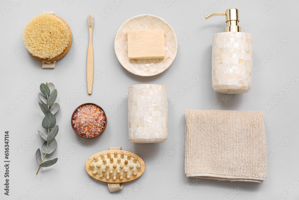 Composition with bath supplies on grey background