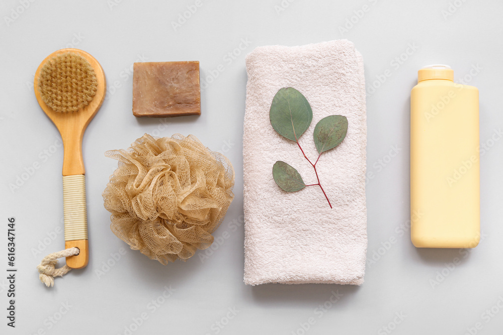 Composition with bath supplies on grey background