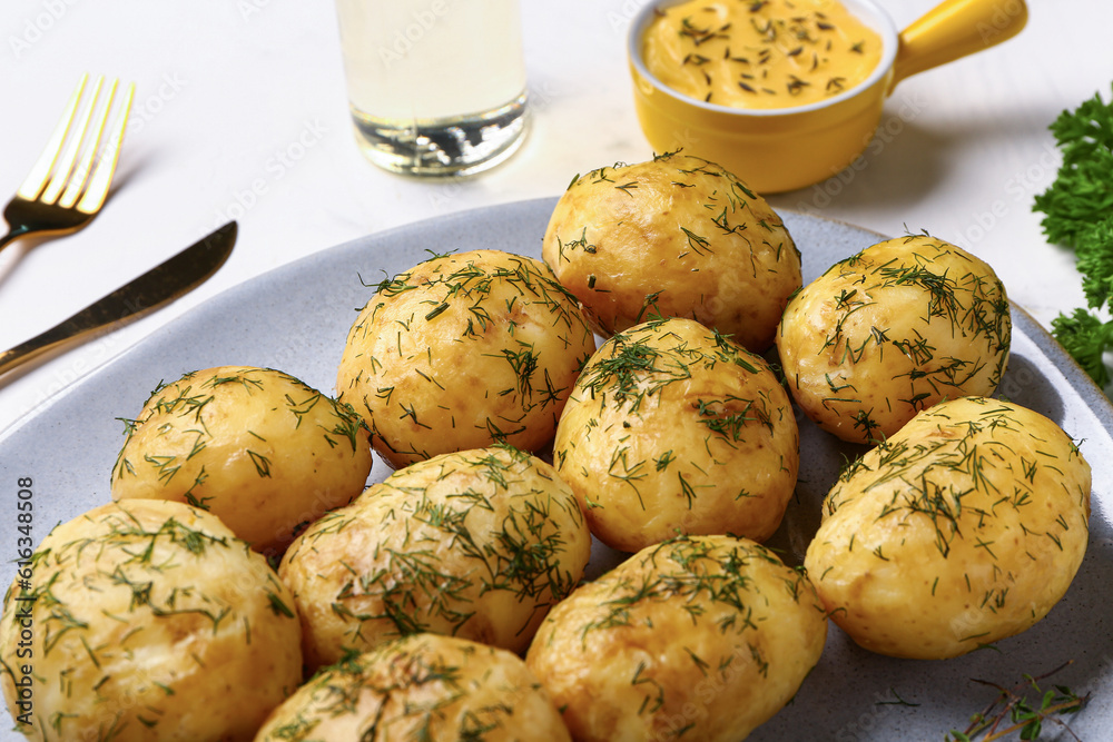 Plate of boiled baby potatoes with dill and sauce on white background