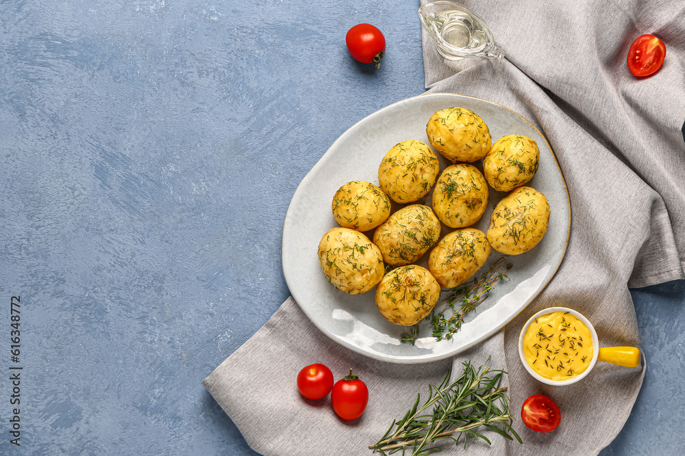 Plate of boiled baby potatoes with dill and tomatoes on blue background