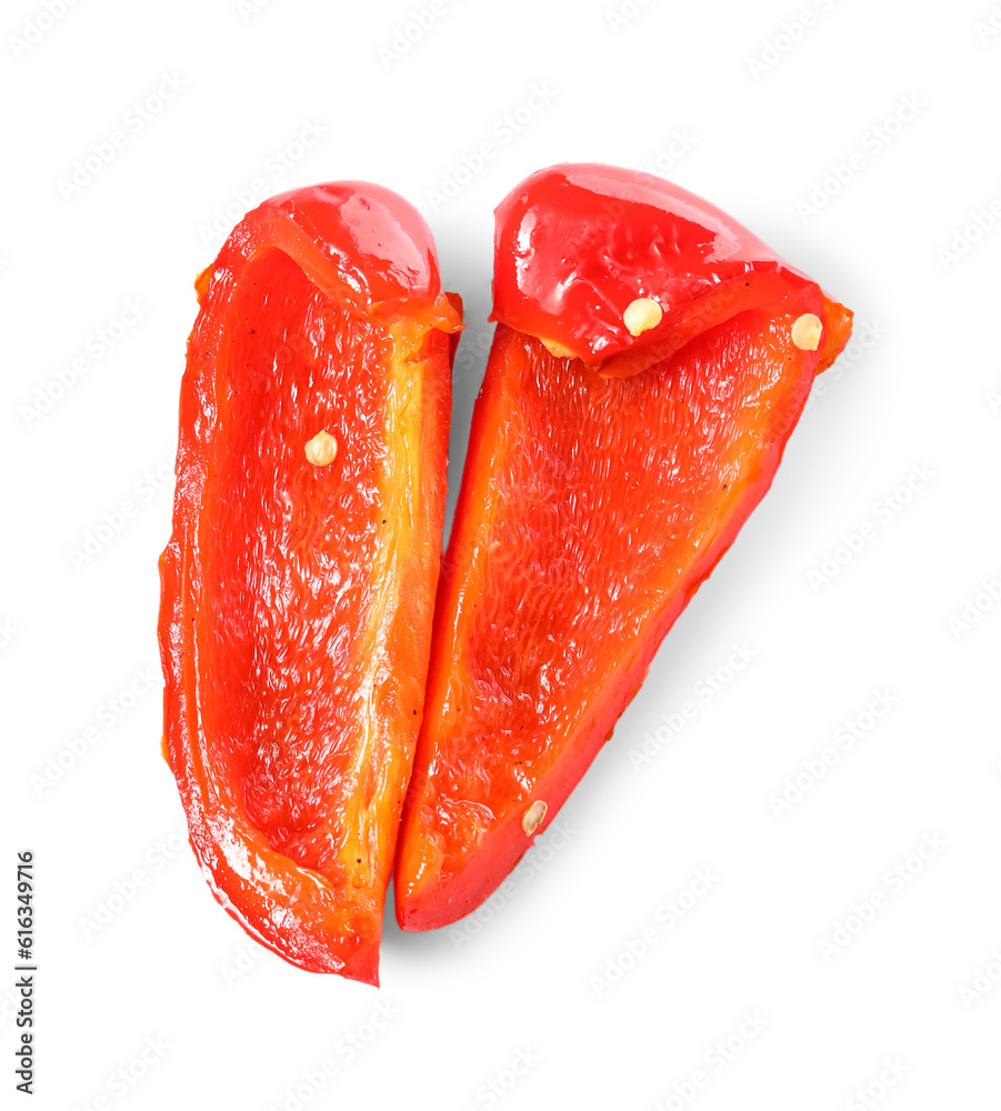 Pieces of tasty grilled bell pepper isolated on white background