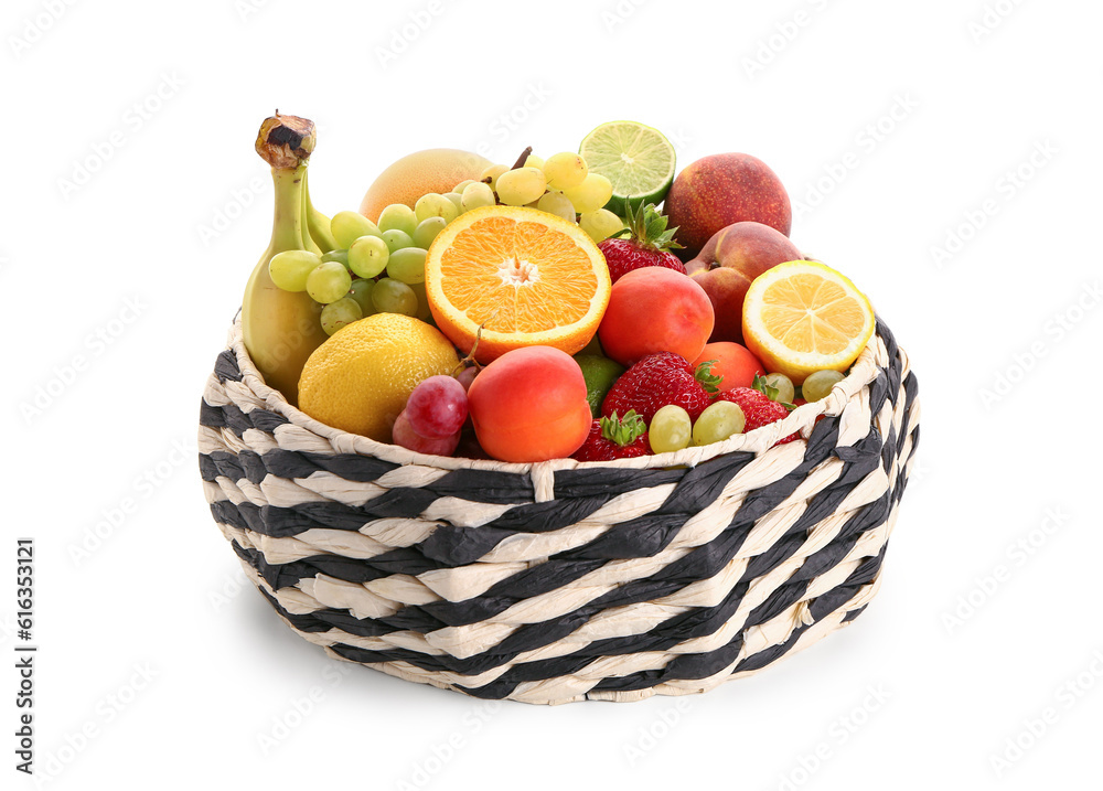 Bowl with different fresh fruits on white background