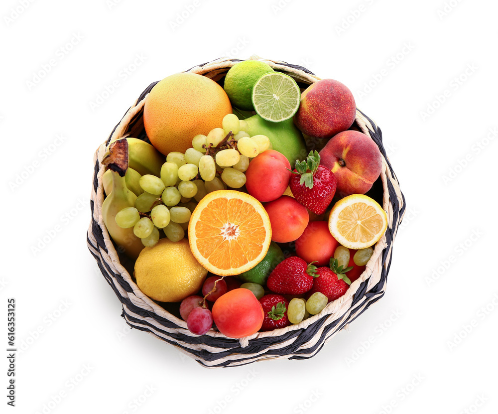 Bowl with different fresh fruits on white background