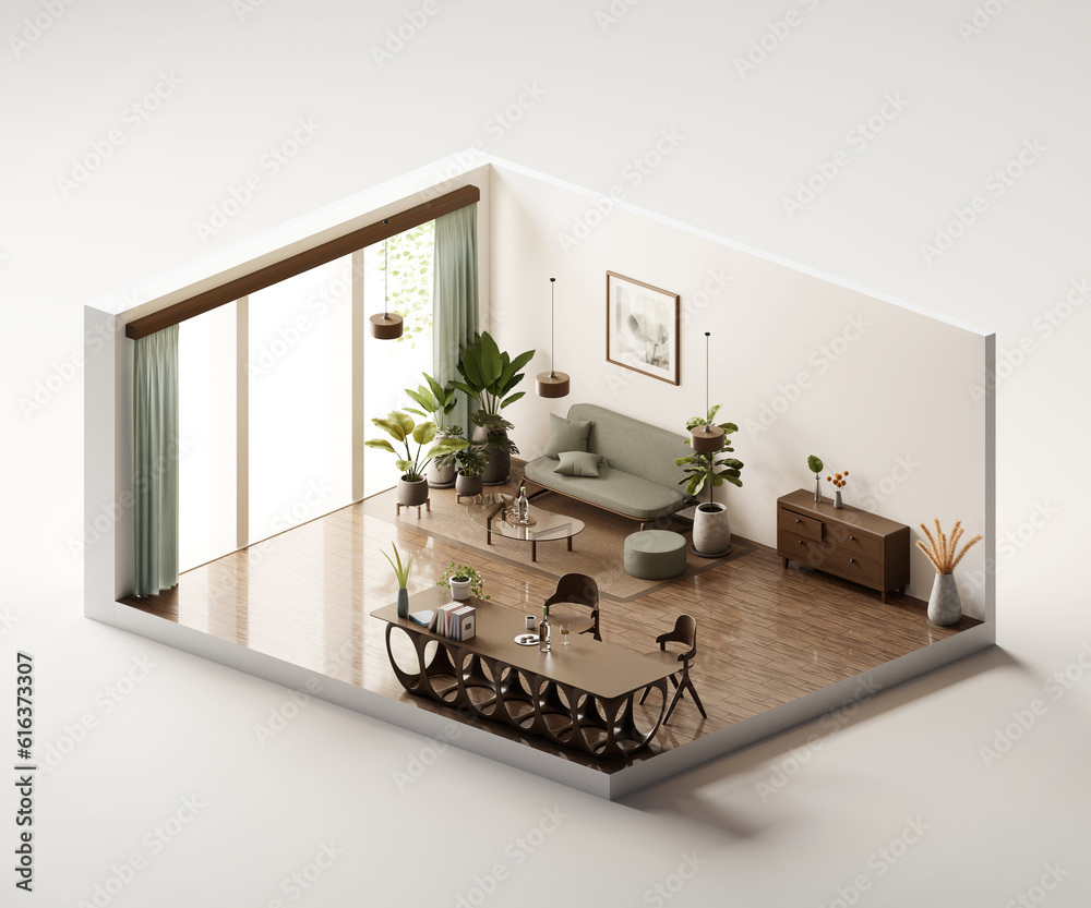 Isometric view living room muji style open inside interior architecture 3d rendering digital art