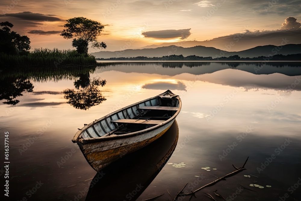 boat floating on a serene lake surrounded by clouds. Generative AI