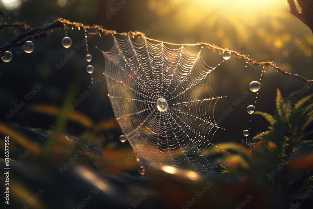 spider web decorated with sparkling water droplets. Generative AI