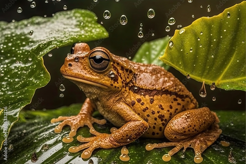 brown frog perched on a vibrant green leaf. Generative AI