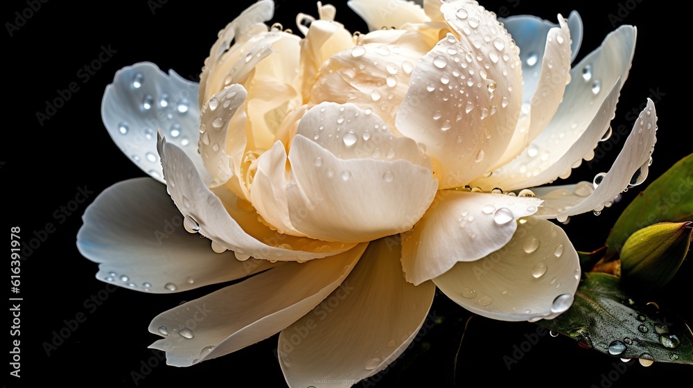 White Peony flowers with water drops background. Closeup of blossom with glistening droplets. Genera