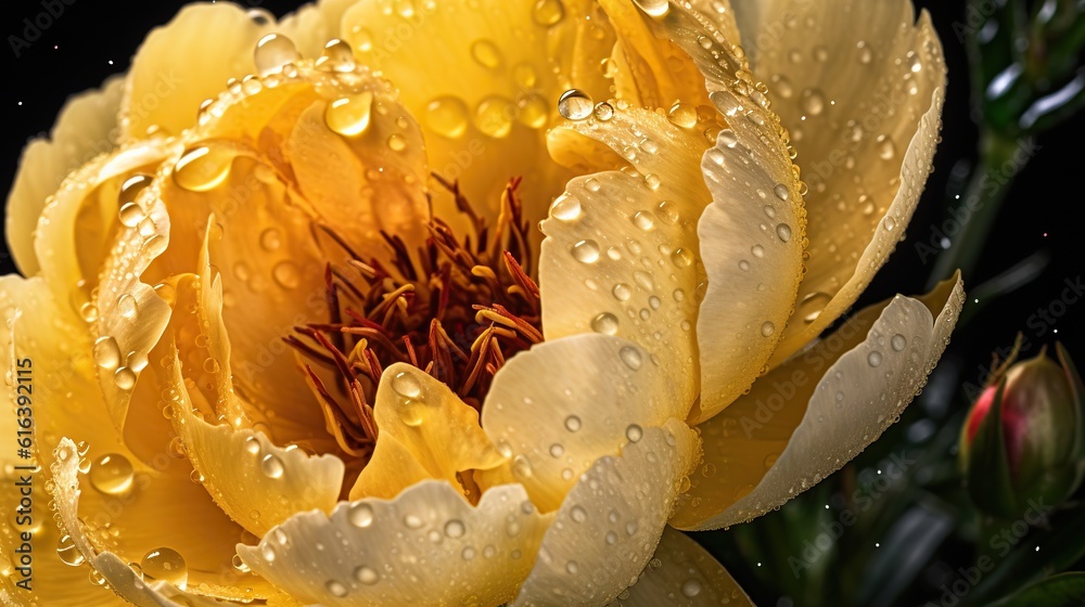 Yellow Peony flowers with water drops background. Closeup of blossom with glistening droplets. Gener