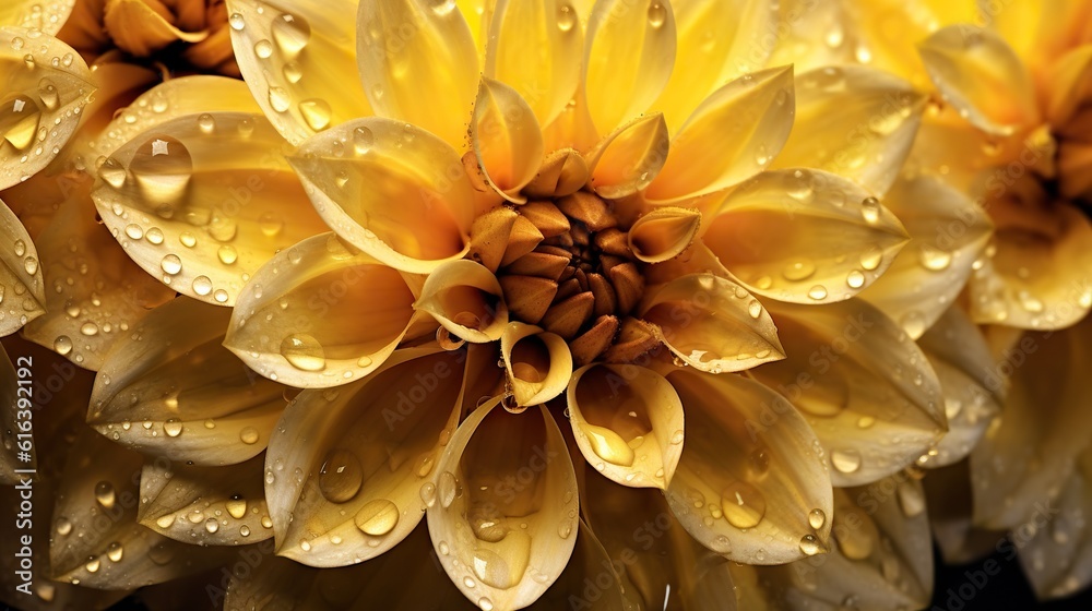 Yellow Dahlia flowers with water drops background. Closeup of delicate blossom with glistening dropl