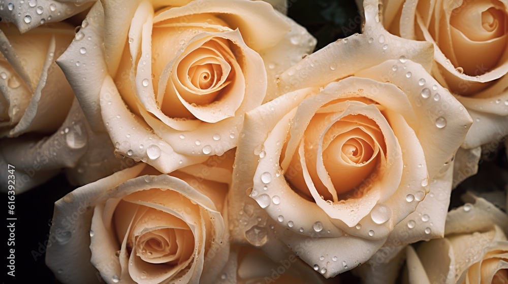 Creamy Roses flowers with water drops background. Closeup of blossom with glistening droplets. Gener