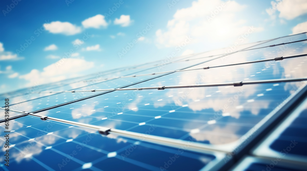 Closeup of Solar panels against blue sky with clouds. Solar energy generation. Renewable energetics.