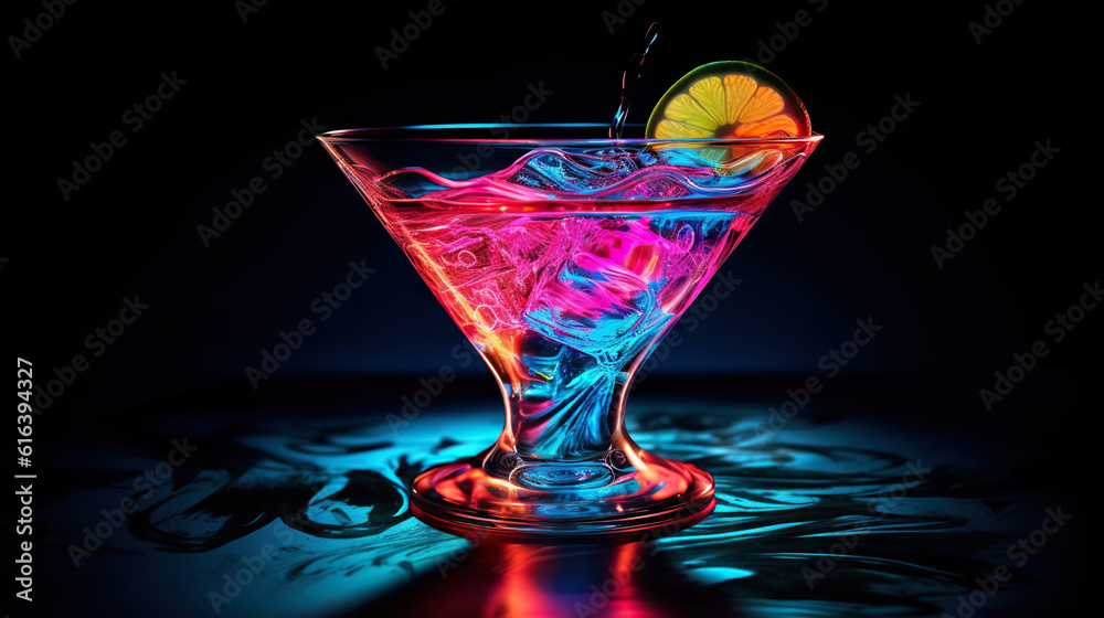 Glass of cocktail in hypnotic neon light. Colorful rave party drink. Generative AI