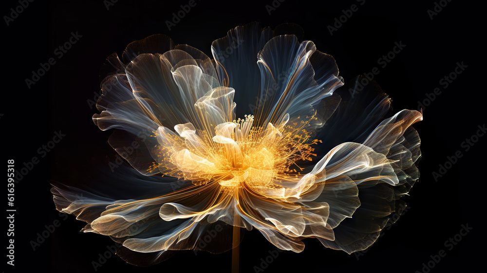 Golden x-ray image of a ethereal flower on black. Fantasy mystical blossom. Generative AI