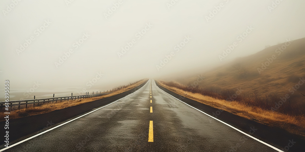 Misty empty road with trees on the side. Foggy highway. Mystery travel concept. Generative AI