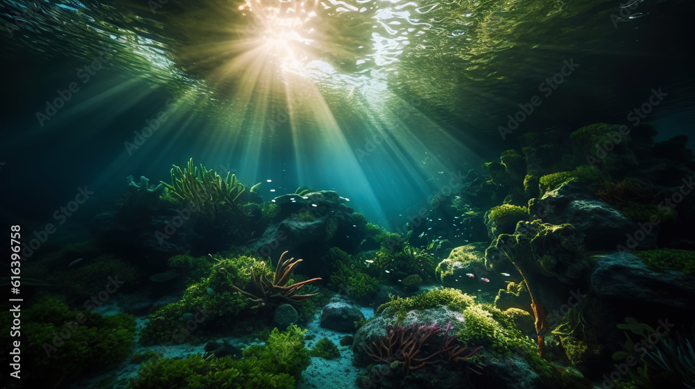 Underwater sunlight through the water surface seen from a rocky seabed with algae. Generative AI