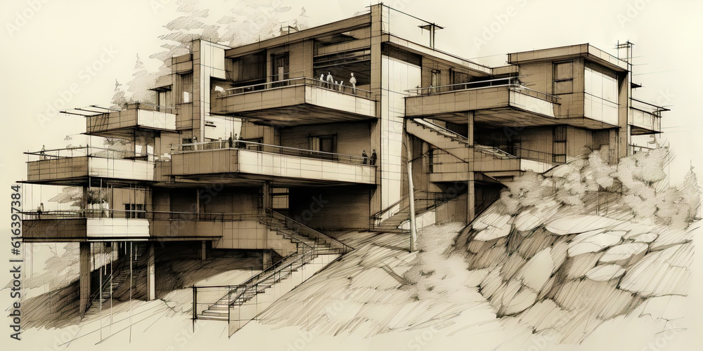 Detailed pencil sketch of modern suburban house. Abstract imaginary building concept. Generative AI