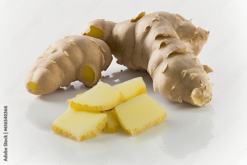 sliced ginger and ginger root side by side. Generative AI