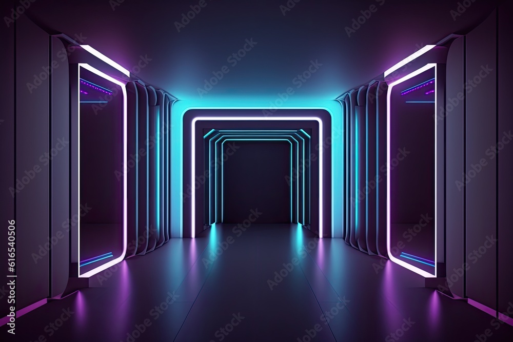 futuristic neon-lit hallway with a dark ambiance. Generative AI