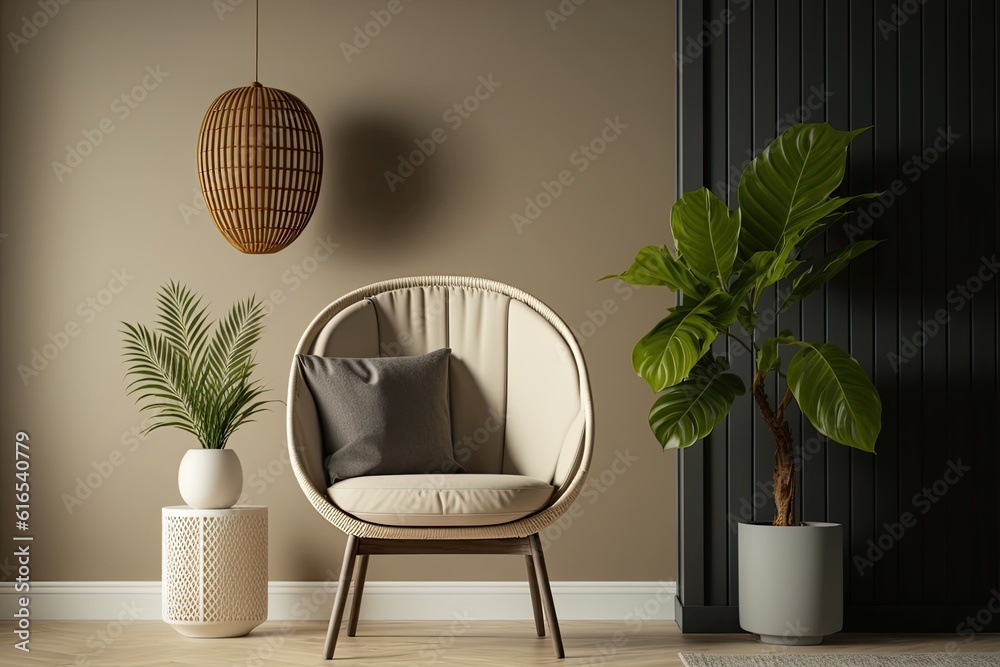 cozy interior with a green potted plant and a comfortable chair. Generative AI