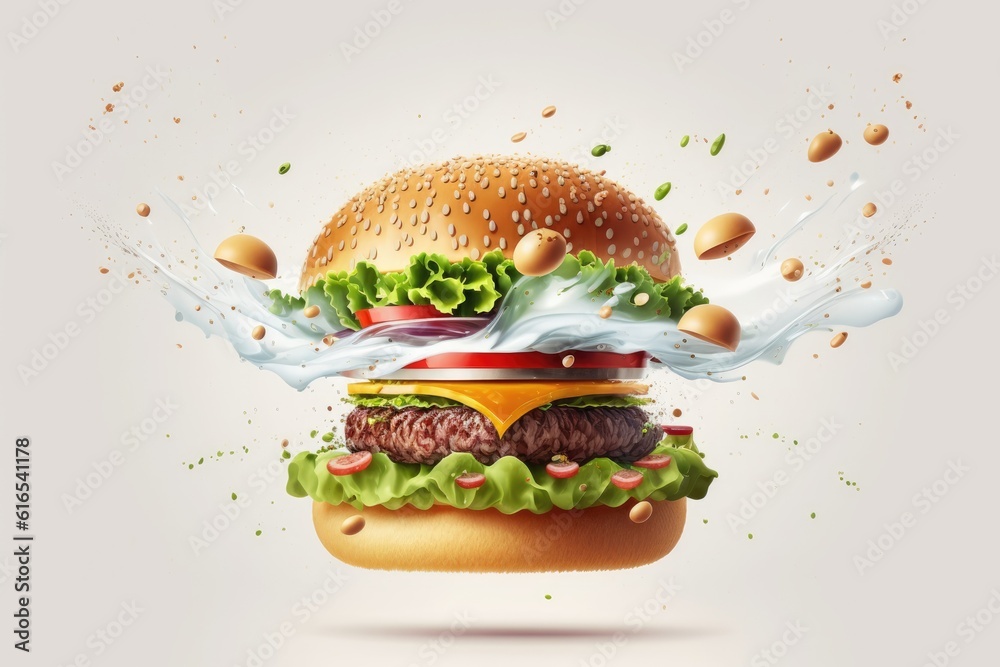 burger with overflowing ingredients in mid-air. Generative AI