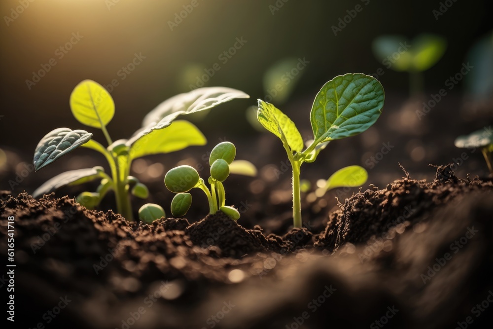 Close-up of a Lush Green Plant Growing in Soil. Generative AI