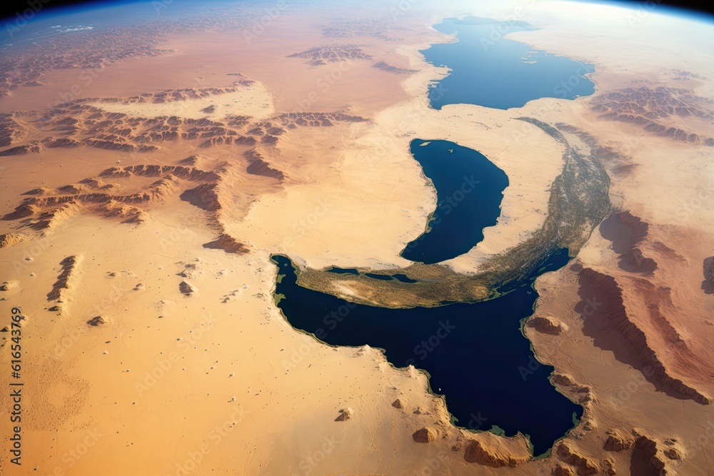 vast lake surrounded by a barren desert landscape. Generative AI