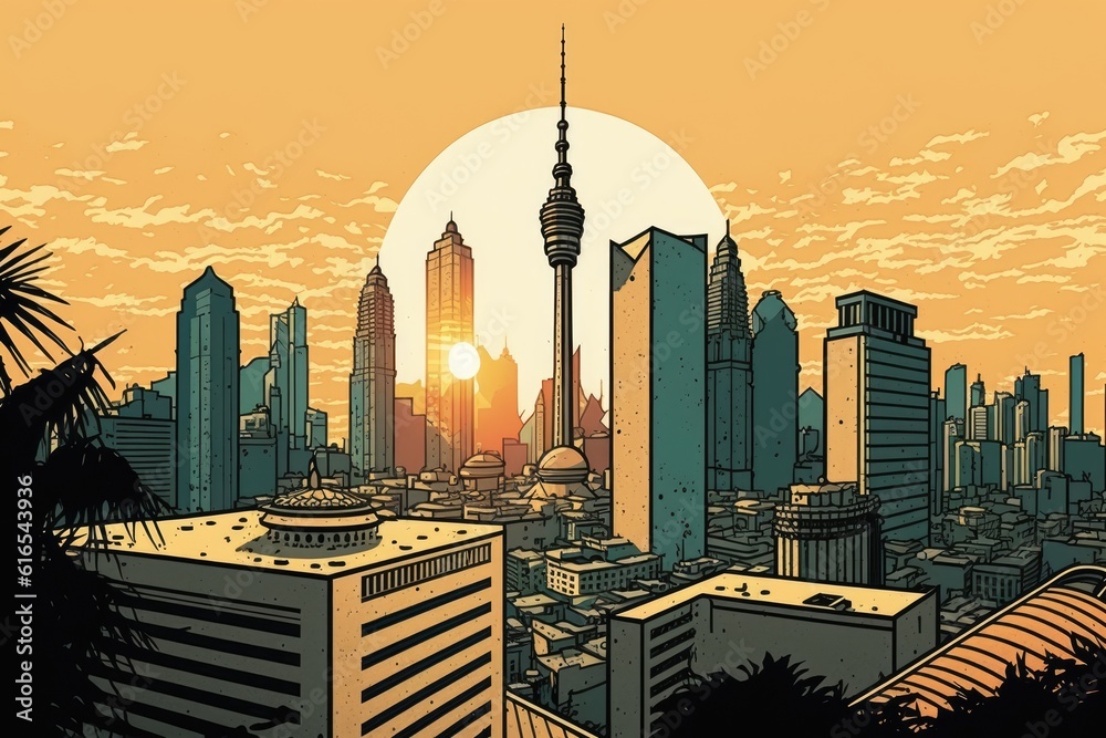 cityscape with a stunning sunset in the background. Generative AI