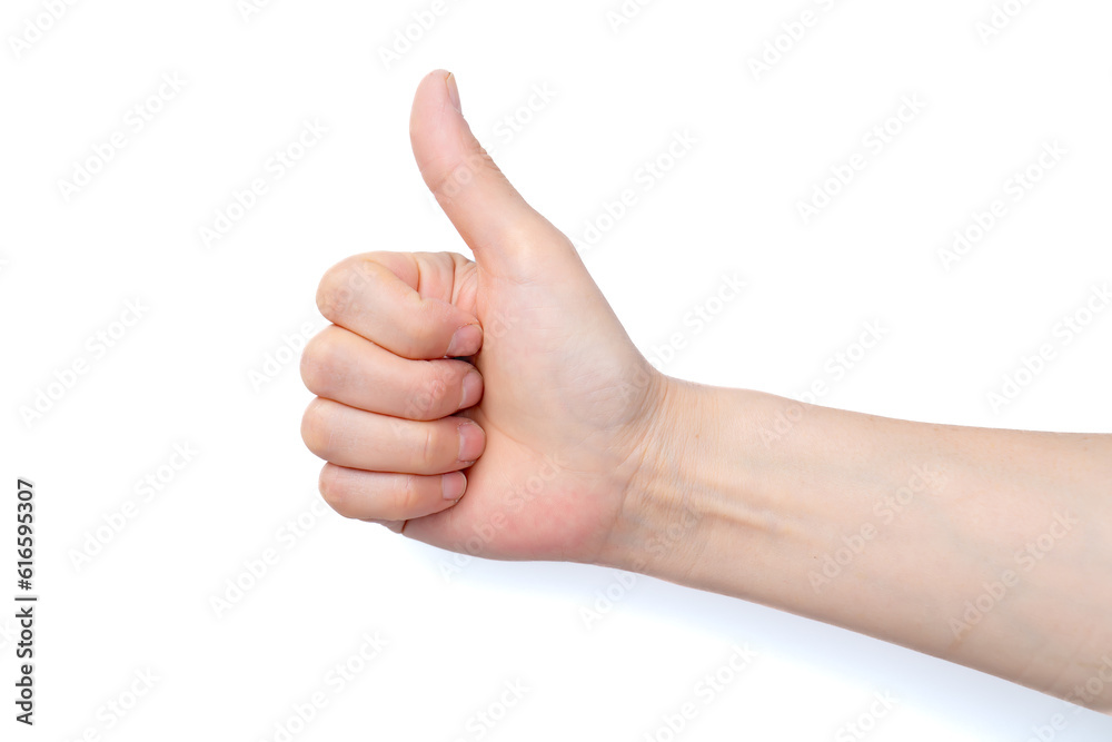 Close-up of beautiful womans hand isolated on white background.