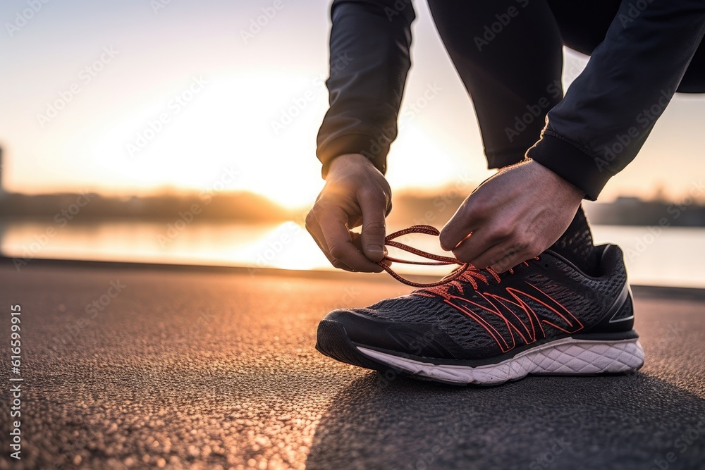 Man tying jogging shoes at outdoors in the morning. Generative AI