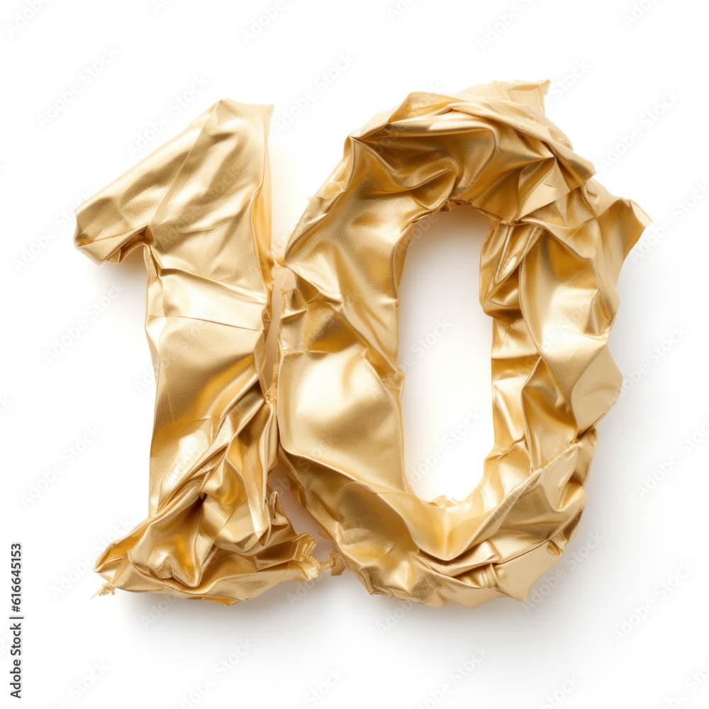 Сrumpled gold foil number 10 isolated. Illustration AI Generative.