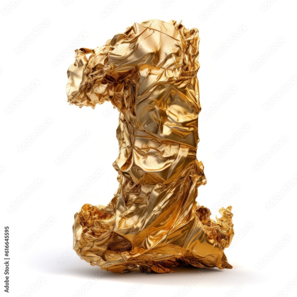 Сrumpled gold foil number 1 isolated. Illustration AI Generative.