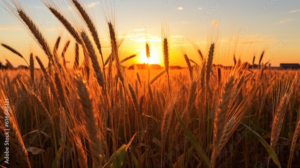 August fiels with wheat spikelets. Illustration AI Generative.