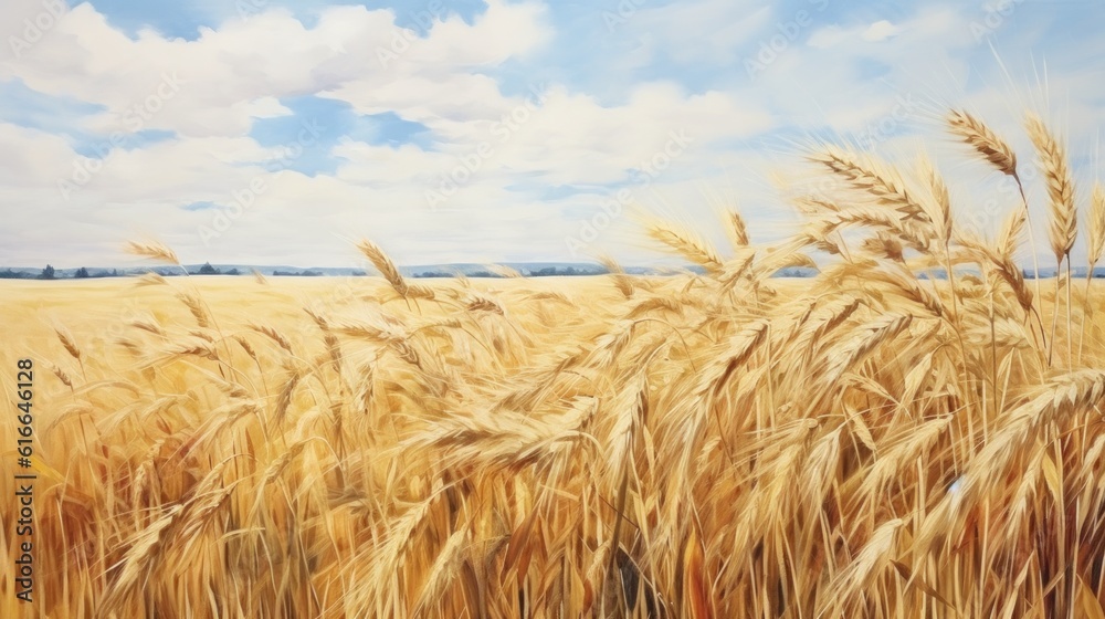 August fiels with wheat spikelets. Illustration AI Generative.