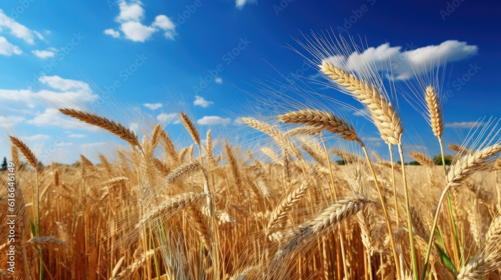 August fiels with wheat spikelets. Illustration AI Generative.