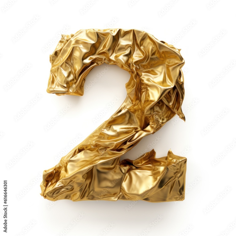 Сrumpled gold foil number 2 isolated. Illustration AI Generative.