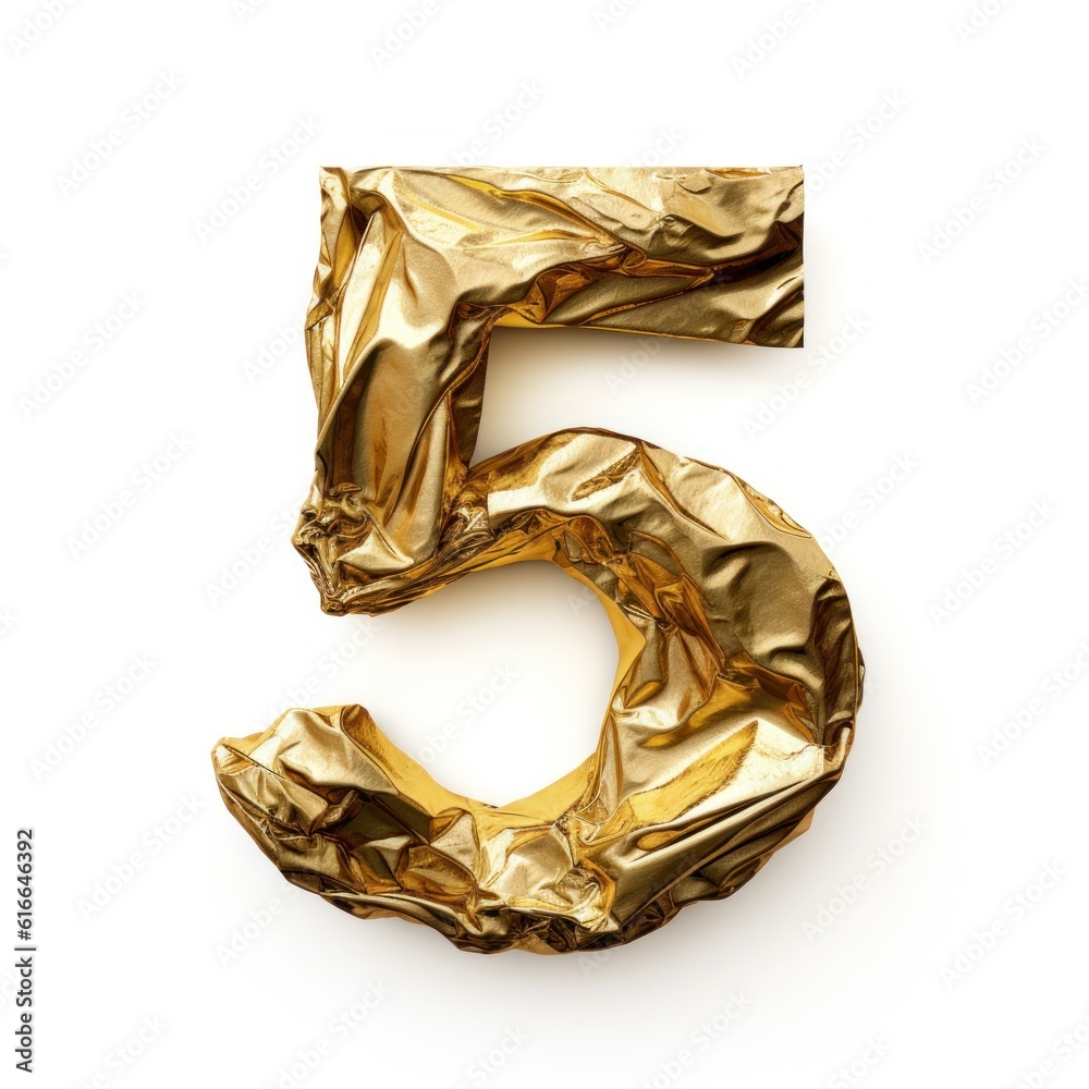 Сrumpled gold foil number 5 isolated. Illustration AI Generative.