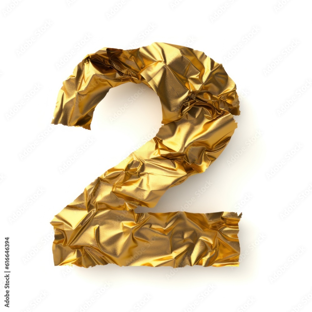 Сrumpled gold foil number 2 isolated. Illustration AI Generative.