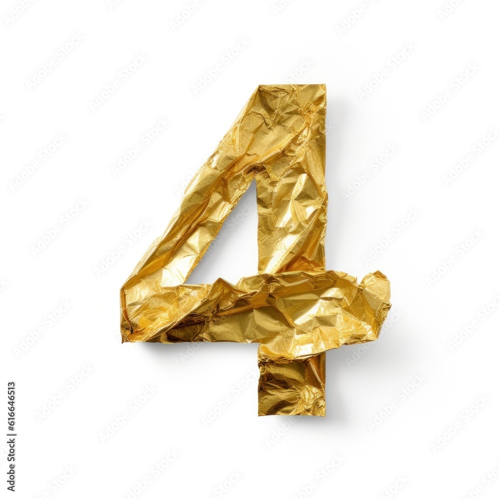 Сrumpled gold foil number 4 isolated. Illustration AI Generative.