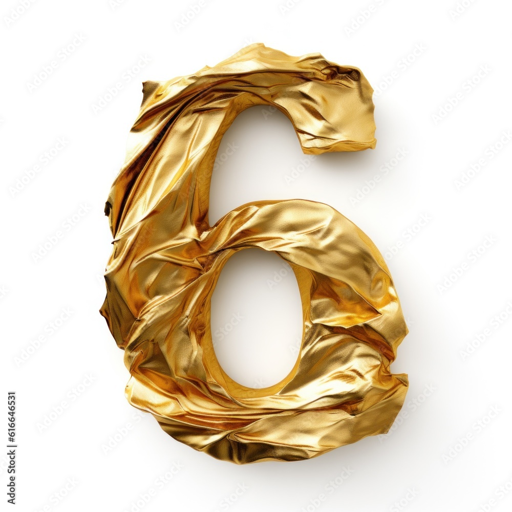 Сrumpled gold foil number 6 isolated. Illustration AI Generative.