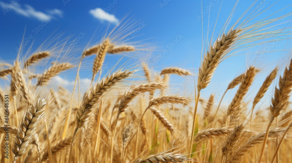 August fiels with wheat spikelets. Illustration AI Generative.