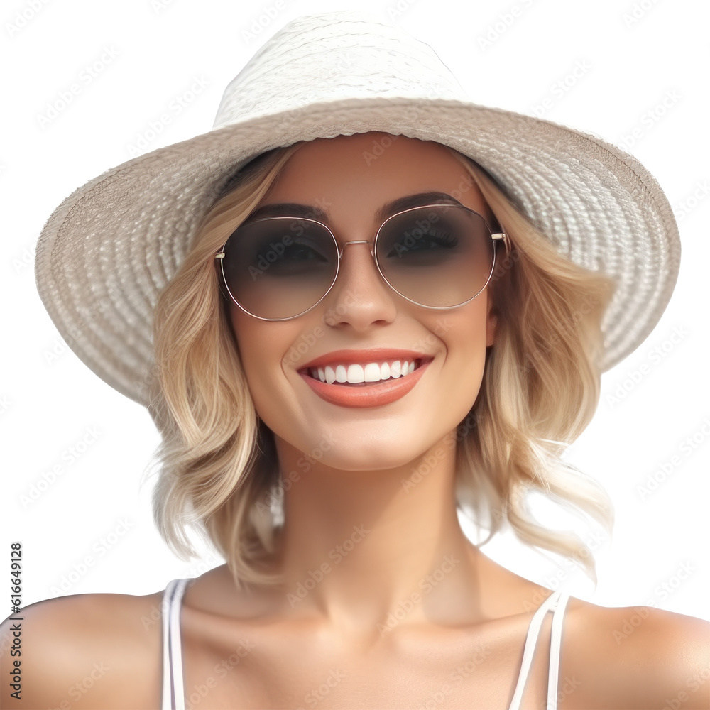 Beautiful girl with sunglasses and summer hat smiling isolated. Illustration AI Generative.