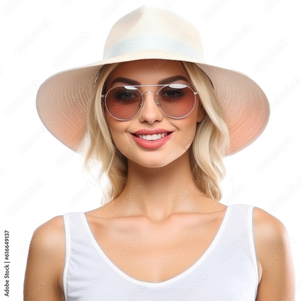 Beautiful girl with sunglasses and summer hat smiling isolated. Illustration AI Generative.