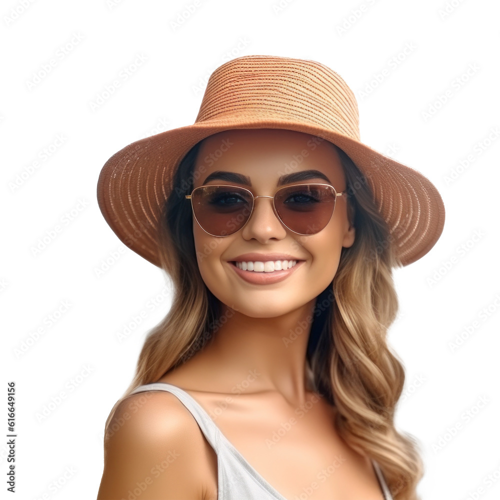 Beautiful girl with sunglasses and summer hat smiling isolated. Illustration AI Generative.