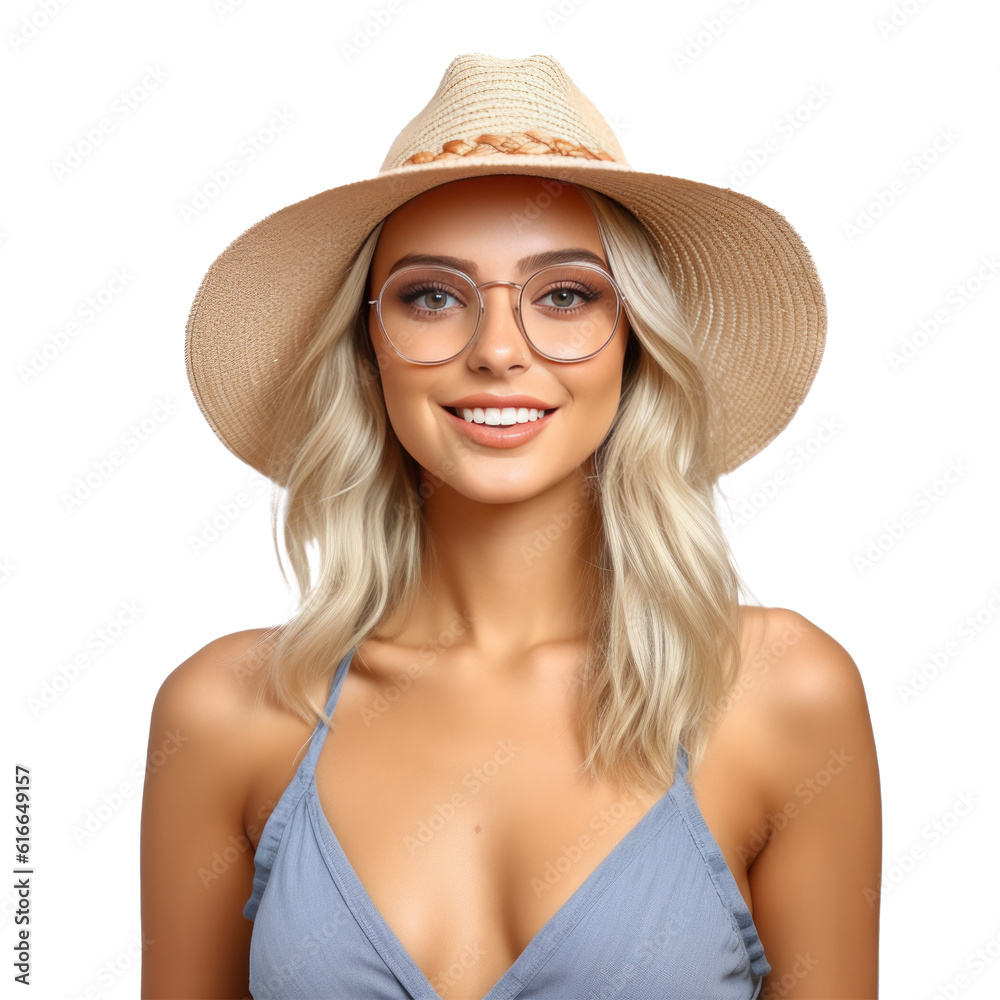 Beautiful girl with sunglasses and summer hat smiling isolated. Illustration AI Generative.