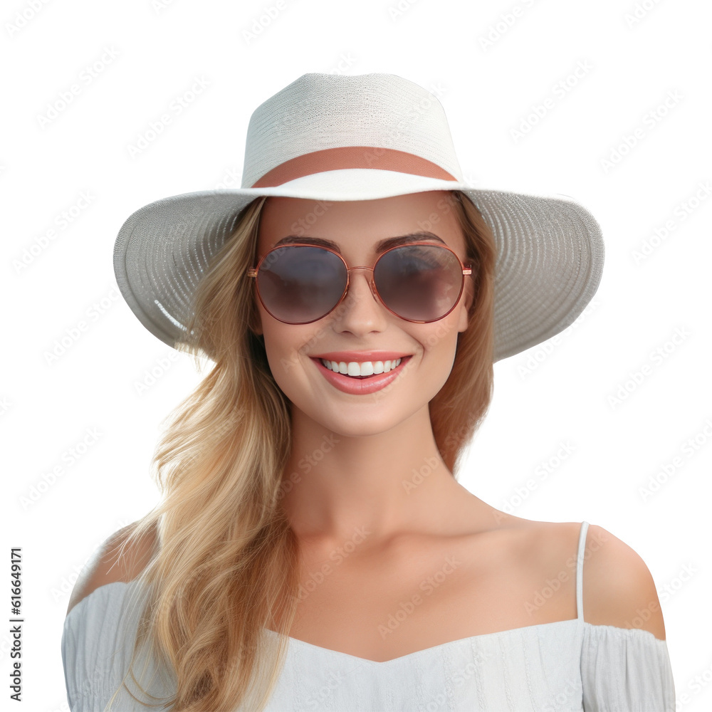 Beautiful girl with sunglasses and summer hat smiling isolated. Illustration AI Generative.